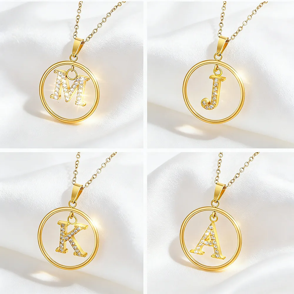 Collar Con Colgante De Inicial De Alfabeto De Acero Inoxidable 316 Para Mujer Joyería De Moda Con Letra Circular De Zirconia Chapada En Oro
