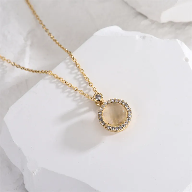 Edelstahl Rund Katzenauge Anhänger Halskette Für Damen Vergoldet Zirkonia Halo Choker Vintage Schmuck Zubehör