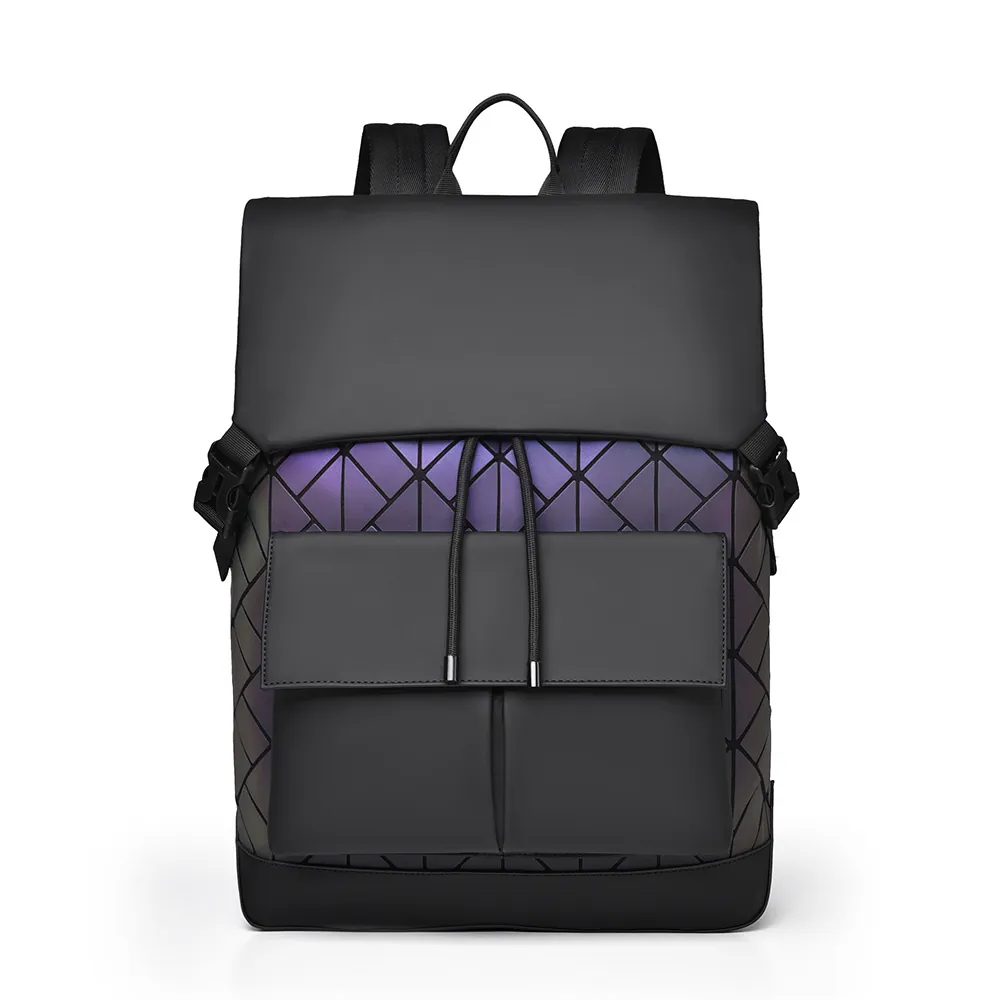 Geometric Triangle Patchwork Iridescent Backpack Men Large Capacity 15.6 Inch Laptop Bag PU Leather Waterproof Daypack