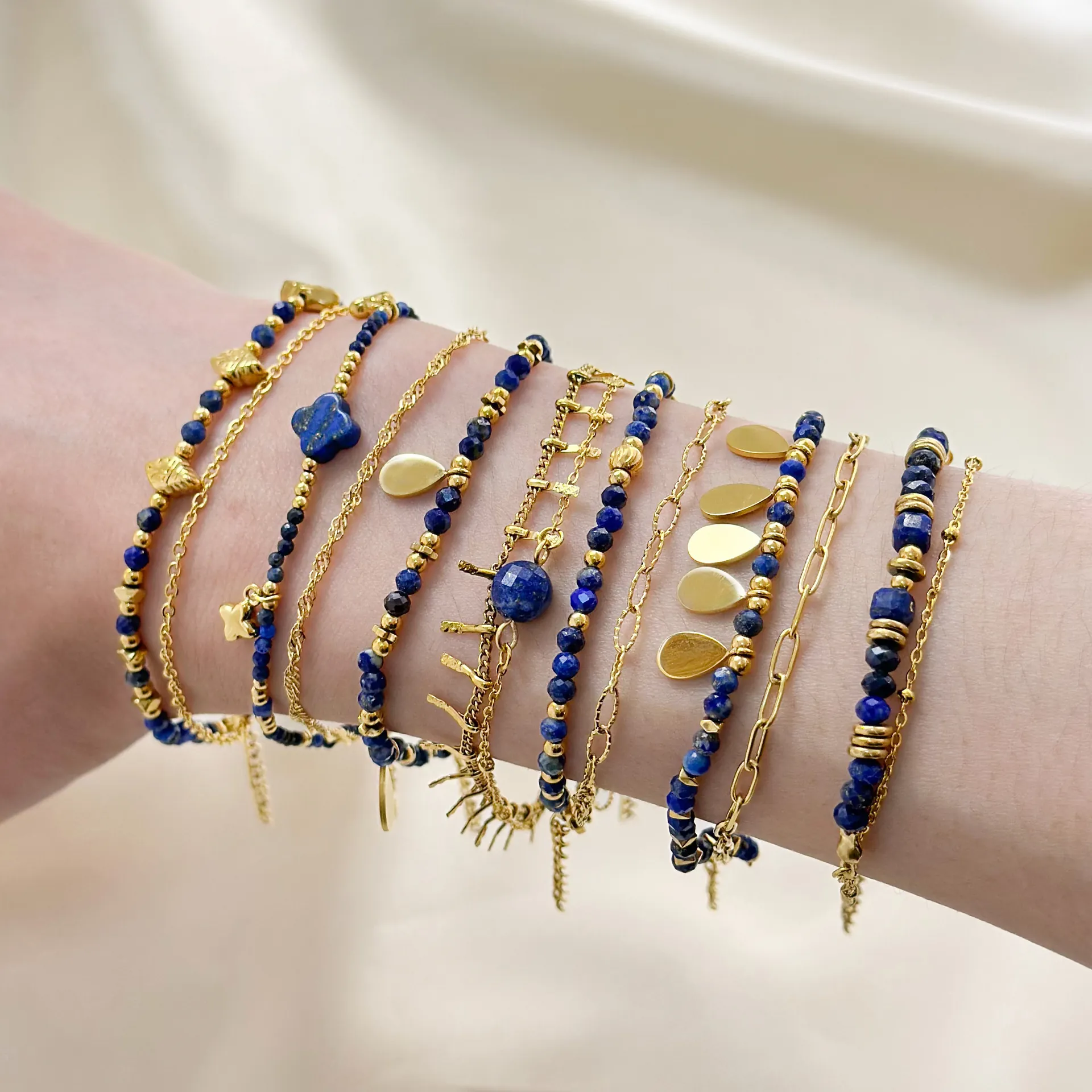 Französischer Stil Lapislazuli Edelstahl Doppelarmband Für Damen 18K Gold PVD Vergoldet Naturstein Kettenarmband