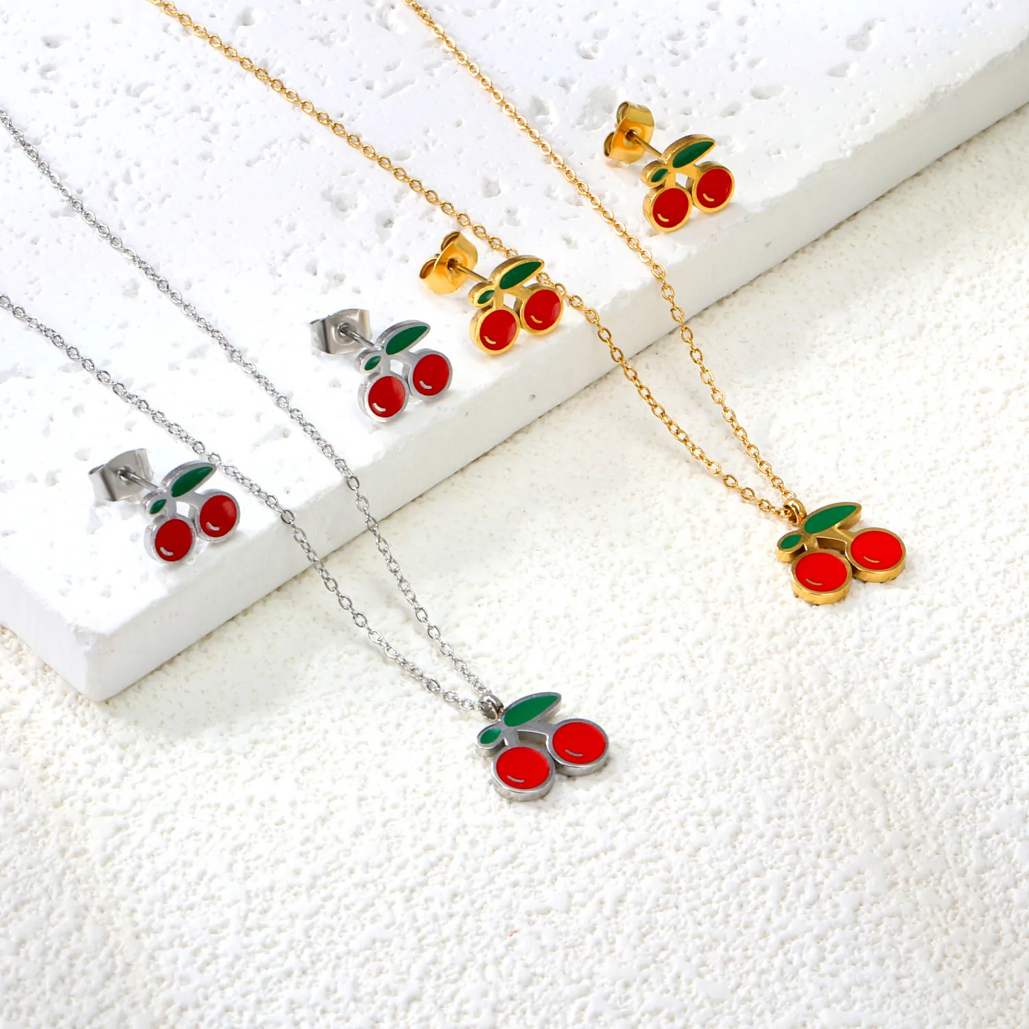 Stainless Steel Fruit Jewelry Set For Women Red Enamel Cherry Strawberry Watermelon Pendant Necklace Stud Earrings Gold Silver Plated Jewelry Gift