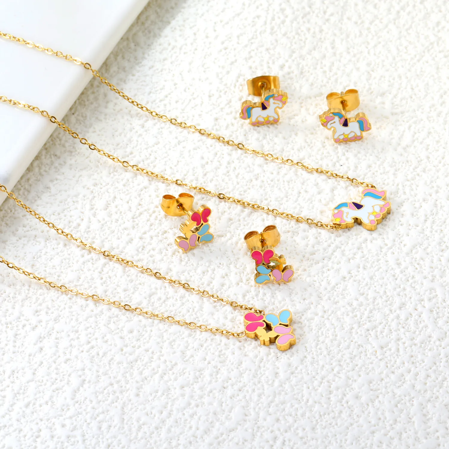 Sweet Stainless Steel Gold Plated Enamel Unicorn Butterfly Jewelry Set Rainbow Animal Necklace Earrings Bracelet For Kids Girls Women Cartoon Jewelry