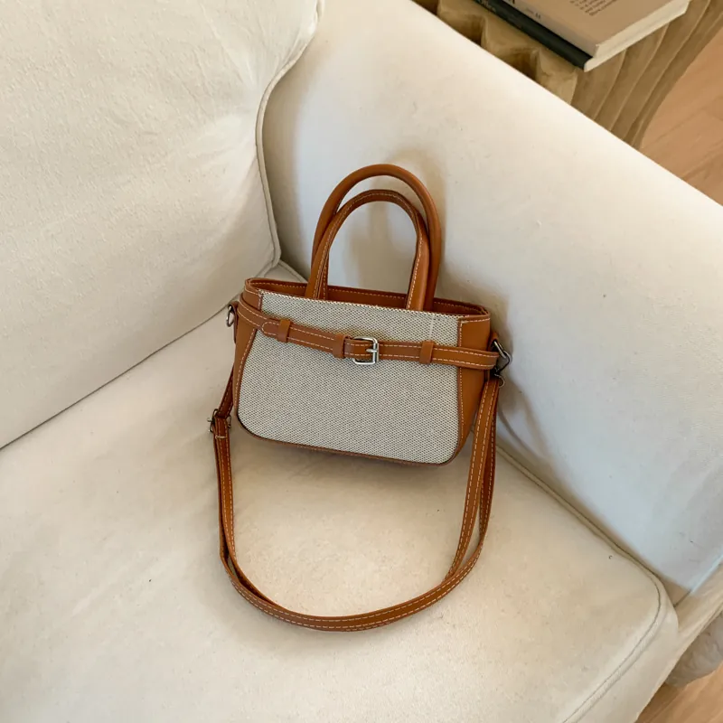 Women Retro Patchwork Canvas PU Leather Small Square Bag Korean Style Shoulder Crossbody Handbag With Single Strap