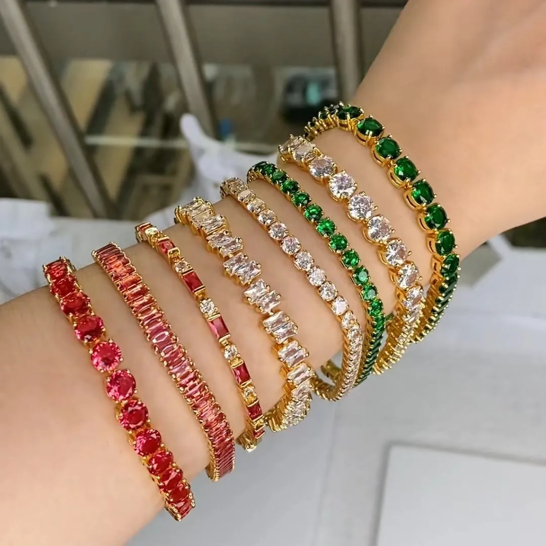 Exquisita Pulsera de Tenis de Acero Inoxidable Chapado en Oro de 18K Pulsera de Cristal Ovalada Baguette con Zirconia Multicolor para Regalo Joyería Mujer