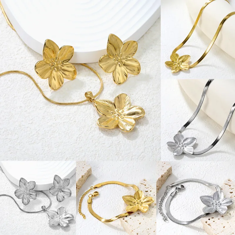 Vintage Edelstahl Blume Schleife Kleeblatt Schmuckset Für Damen Gold Silber Plattiert Schlangenknochenkette Blütenblatt Halskette Ohrringe Armband