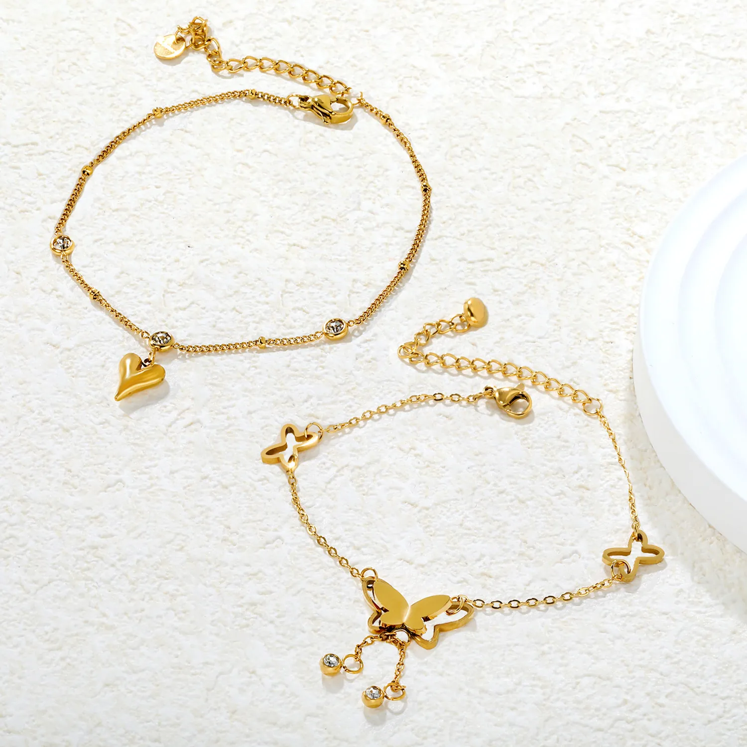 Exquisite Stainless Steel Butterfly Heart Flower Anklet For Women Girls Gold Silver Plated Zirconia Tassel Adjustable Foot Chain Jewelry Gift