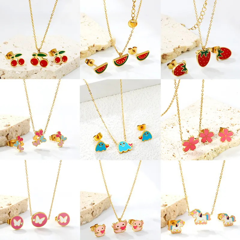 Stainless Steel Enamel Jewelry Set Cute Fruit Animal Butterfly Necklace Stud Earrings Fashion Accessory For Women Kids