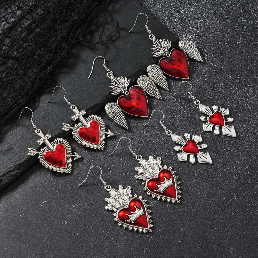 Gothic Rote Herz Ohrhänger Für Damen Antik Silber Legierung Sarg Kreuz Engel Flügel Heiliges Herz Halloween Schmuck Mit Edelstahl Stift