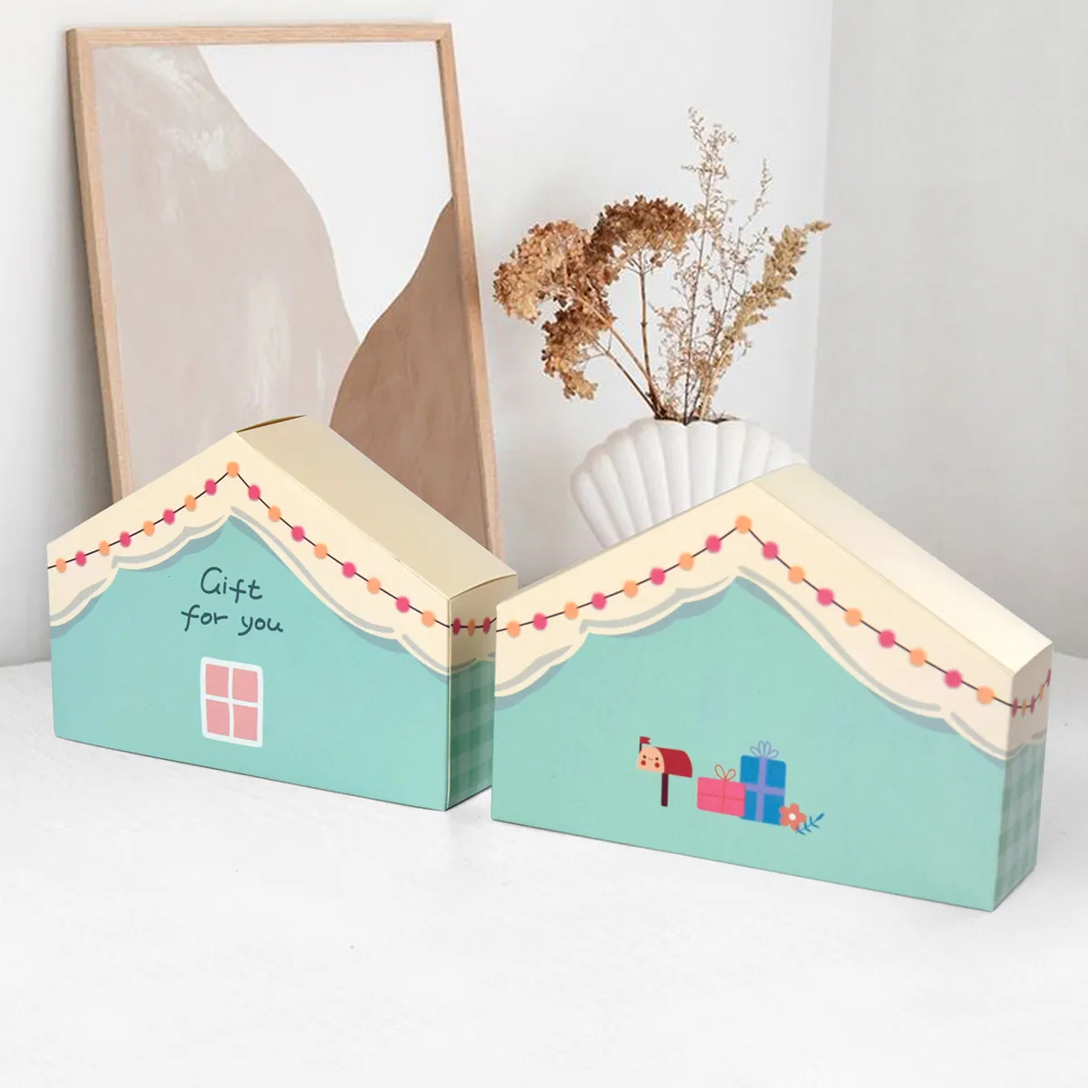 Confezione Regalo a Forma di Casa Verde Menta Plaid Cartone Imballaggio per Caramelle Biscotti per Matrimonio Compleanno Festa Regalo