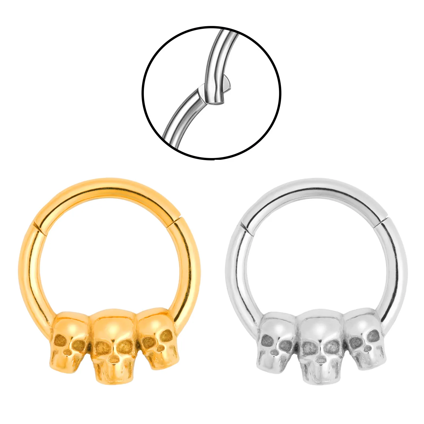 316L Edelstahl Scharnier Segment Septum Ring Drei Totenköpfe Punk Gothic Nasenring Ohrringe Körper Piercing Schmuck Damen Herren