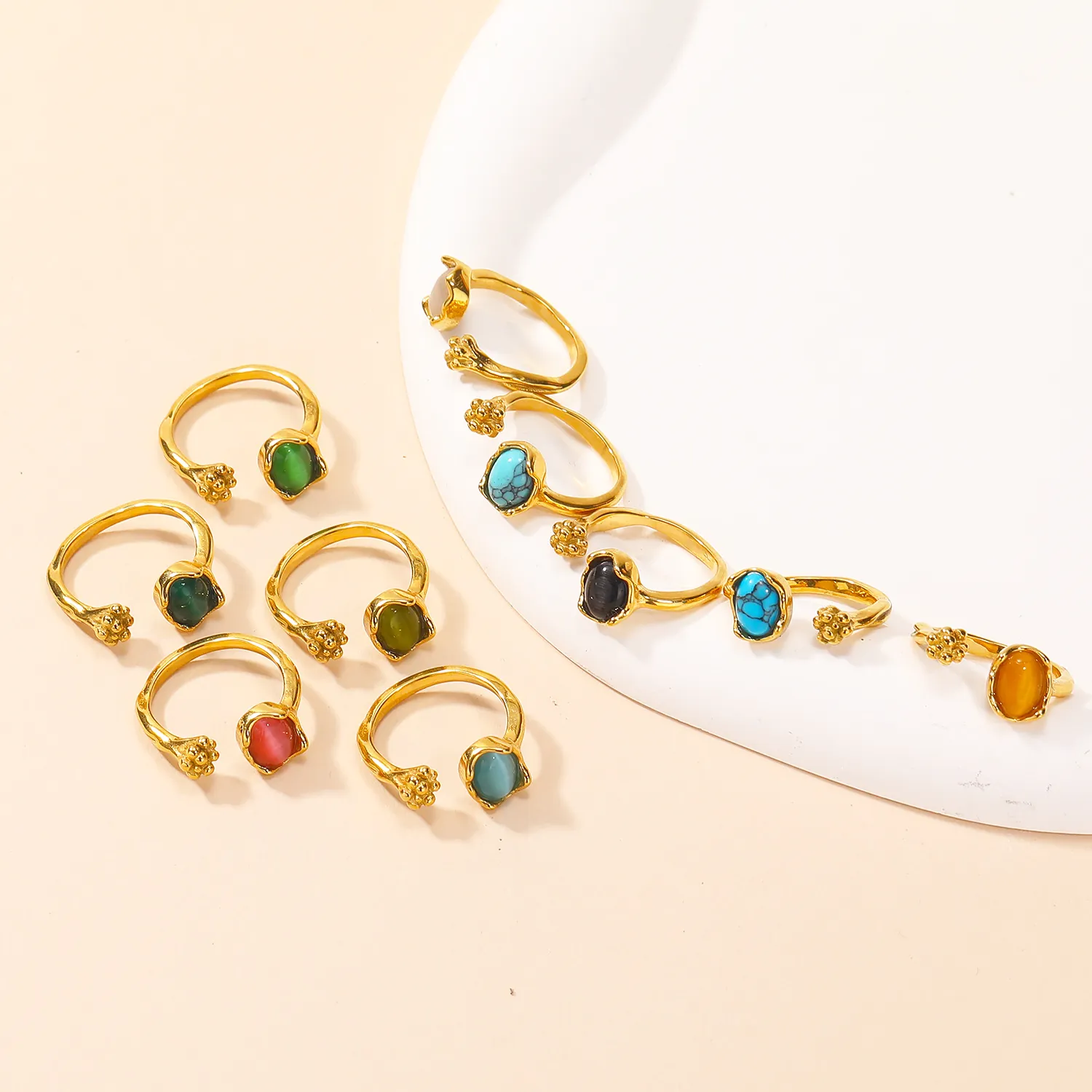 Vintage Gold Plated Titanium Steel Cat Eye Stone Open Ring For Women Adjustable Niche Bohemian Gemstone Finger Ring Jewelry