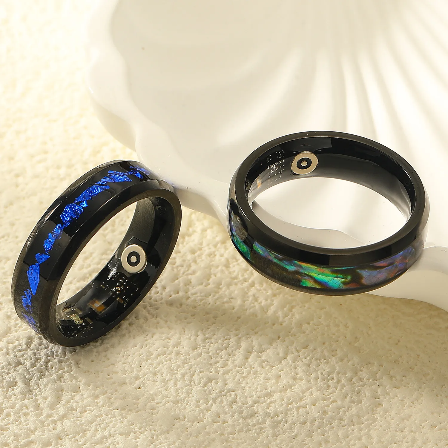 Anello Intelligente da Donna alla Moda in Acciaio al Titanio con Conchiglia Colorata Monitoraggio Salute Frequenza Cardiaca Pressione Pedometro con Custodia di Ricarica