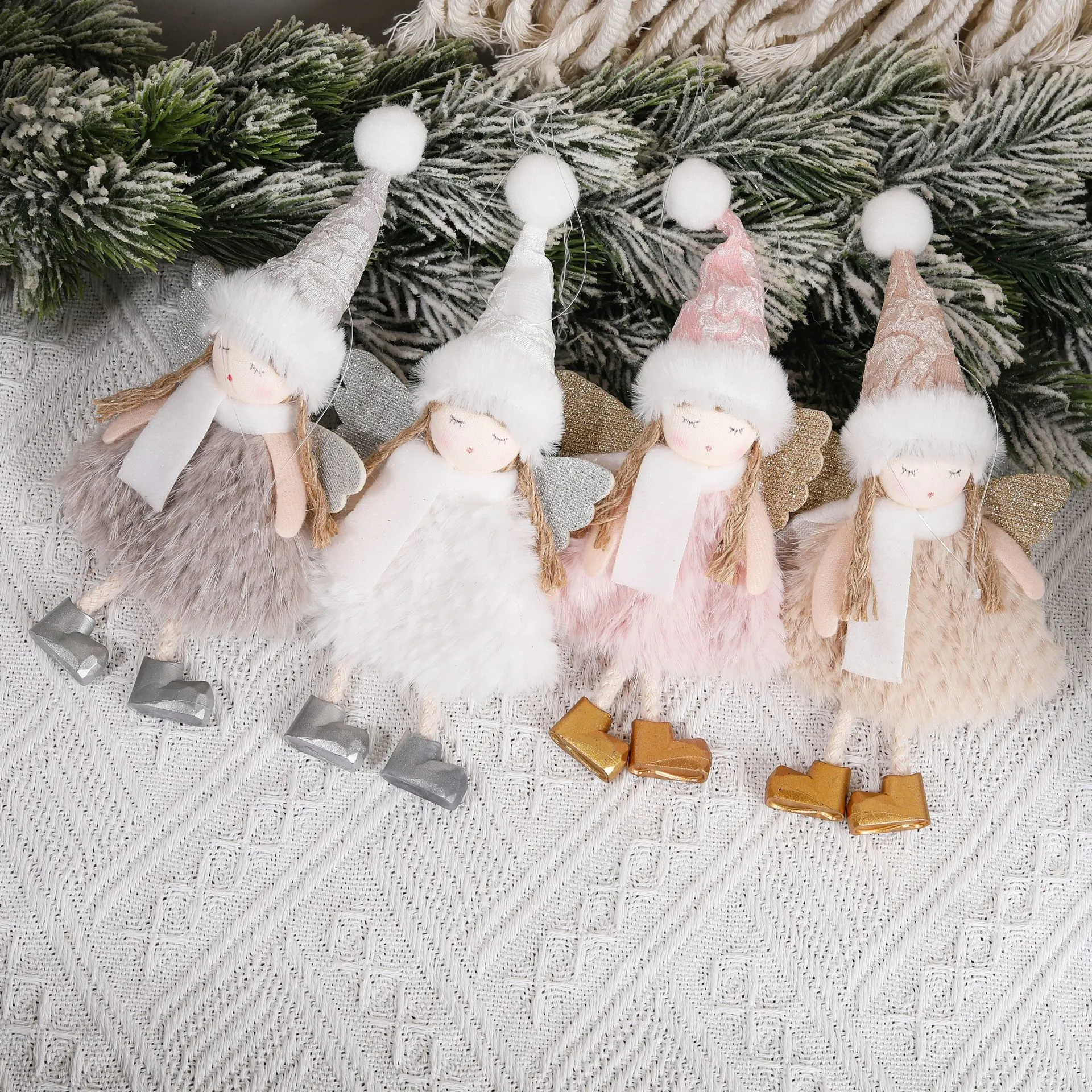 Plush Angel Girl Christmas Tree Hanging Decoration With Sequins Wings And Knit Hat For Home Holiday Party Decor