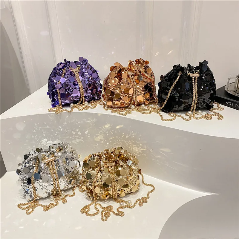 Borsa a Secchiello con Paillettes da Donna Scintillante Borsa a Tracolla a Catena Per Feste Con Coulisse di Künstliche Perle Moda