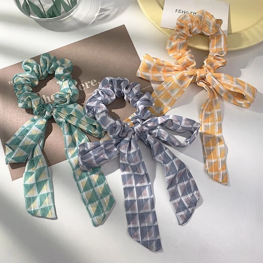 Bowknot Scrunchies Geometric Plaid Chiffon Hair Tie With Long Streamers For Women Girls Daily Hair Accessories