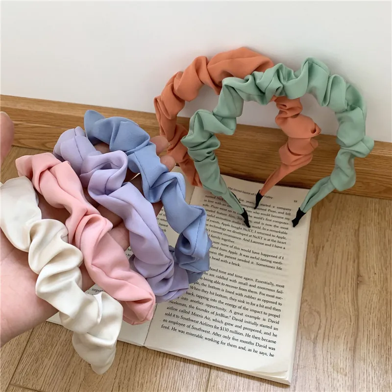 Vintage French Pleated Fabric Headband For Women Korean Style Simple Solid Color Satin Puffy Hair Hoop Hair Accessories