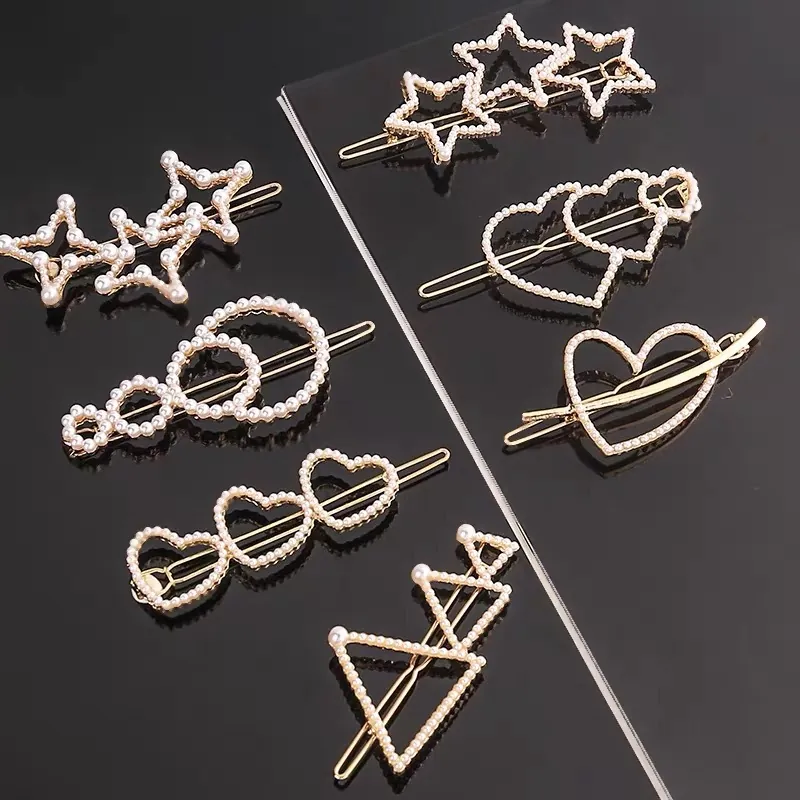 Korean Style Elegant Alloy Artificial Pearl Hair Clips Gold Geometric Heart Triangle Round Side Hairpins For Women Hair Accessories