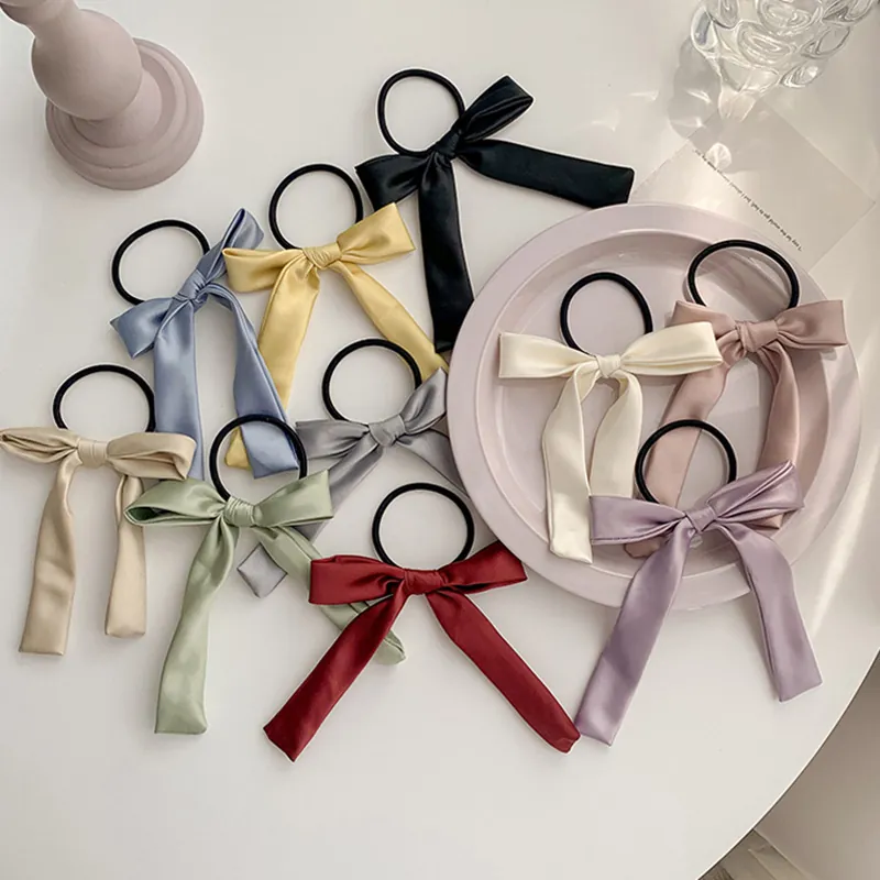 Women's Elegant Satin Bowknot Hair Tie With Long Streamer Sweet Korean Style Solid Color Elastic Hair Rope Headwear