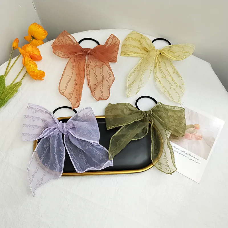 Women Large Bow Organza Hair Tie Long Ribbon Hair Scrunchies Sweet Letter Print Hair Rope Accessories