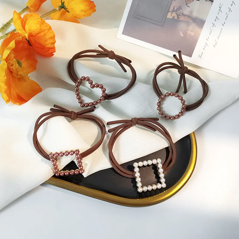 Vintage Faux Artificial Pearl Geometric Hair Ties For Women Alloy Heart Round Square Elegant Elastic Hair Bands Accessories