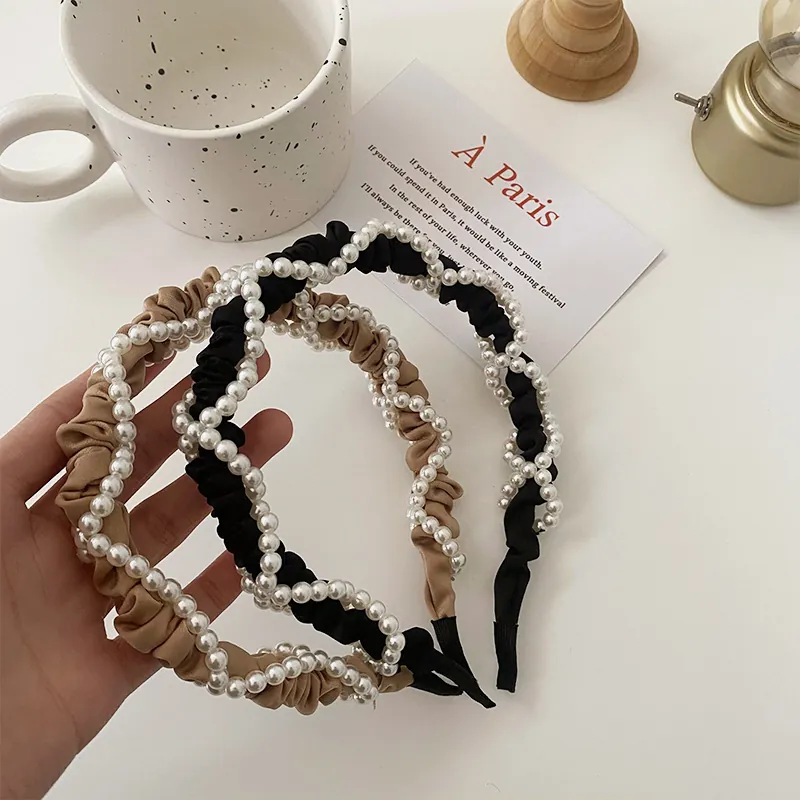 French Vintage Pleated Satin Headband With Faux Artificial Pearl Twining Elegant Wavy Ruffle Hair Band For Women Fashion Accessories
