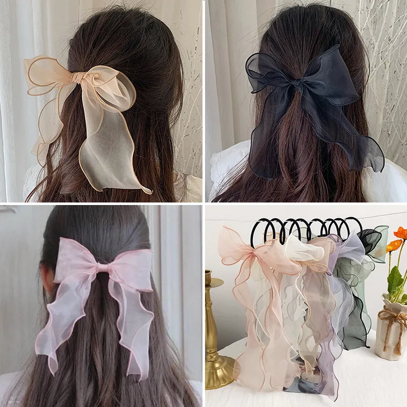 Korean Style Large Organza Bow Hair Tie With Long Ribbon Solid Color Elegant Scrunchie For Women Daily Hair Accessories