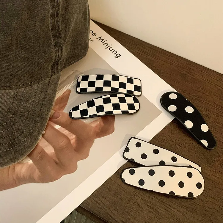 Black White Checkerboard Polka Dot Hair Clip Mixed Material Rectangular Water Drop BB Clip Korean Fashion Headwear For Women
