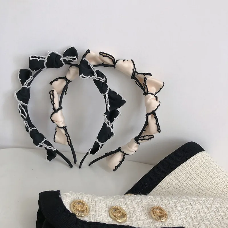 French Vintage Bow Headband Contrast Stitching Pleated Satin Hairband For Women Elegant Hair Accessories Headwear