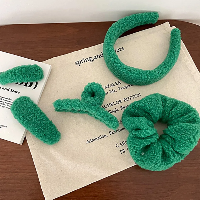 Damen Vintage Grünes Plüsch Haarschmuck Set Lammwolle Stirnband Haargummi Haarklammer Und BB Clips Winter Kopfschmuck