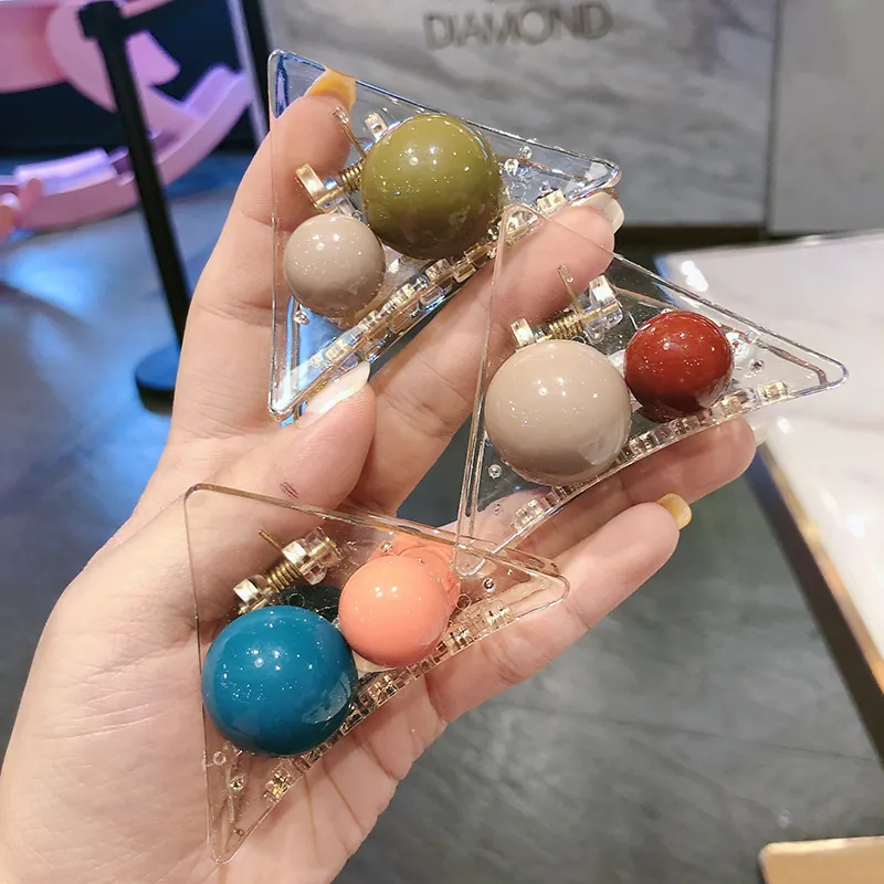 Acrylic Triangle Hair Claw Clip For Women With Colorful Ball Beads Sweet Korean Style Large Shark Clip Hair Accessories