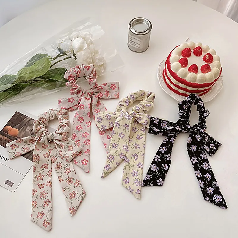 Floral Bow Scrunchie Long Ribbon Hair Tie Sweet Fabric Ruffle Hair Elastic For Women Girls Korean Style Daily Hair Accessories