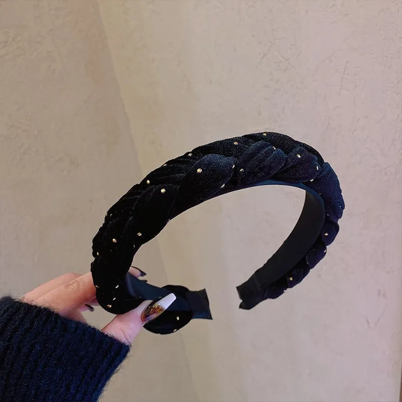 Korean Black Velvet Braided Headband With Golden Beads High Skull Top Fabric Hair Hoop For Women Daily Hair Accessories