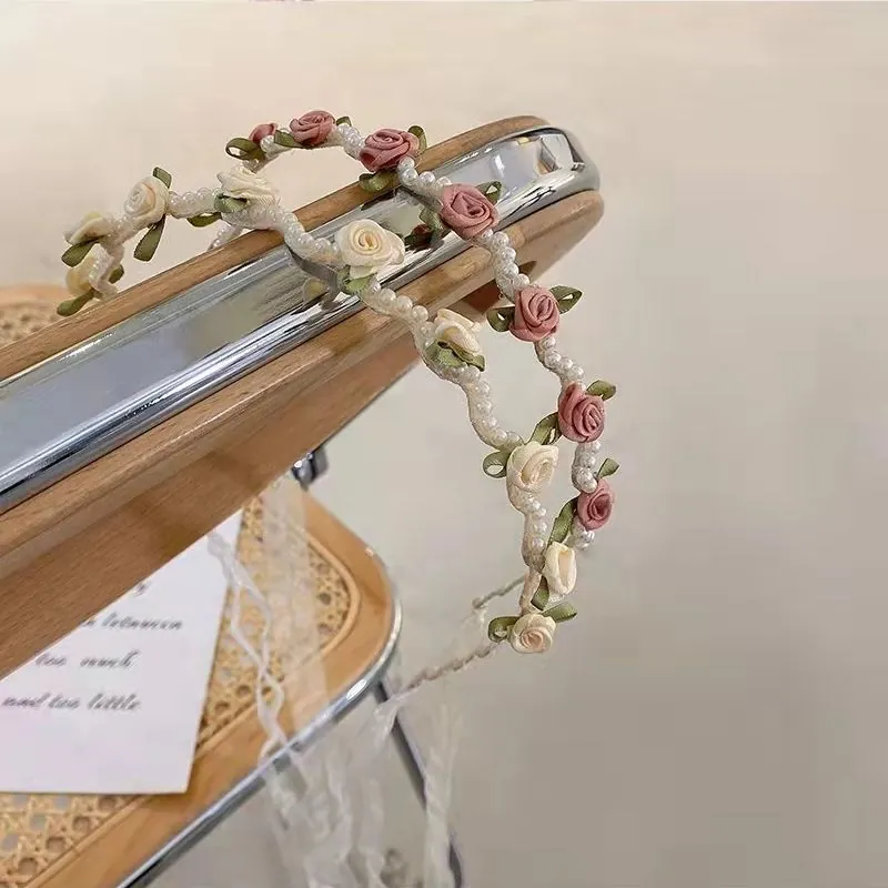 French Elegant Rose Flower Artificial Pearl Headband With Lace Ribbons Vintage Forest Style Hair Band For Wedding Party Women Jewelry