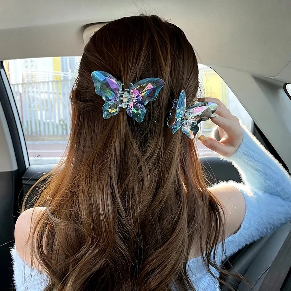 Pince à Cheveux Papillon en Cristal Irisé Laser Acrylique Petit Support Queue de Cheval pour Femme Accessoires Cheveux Élégants
