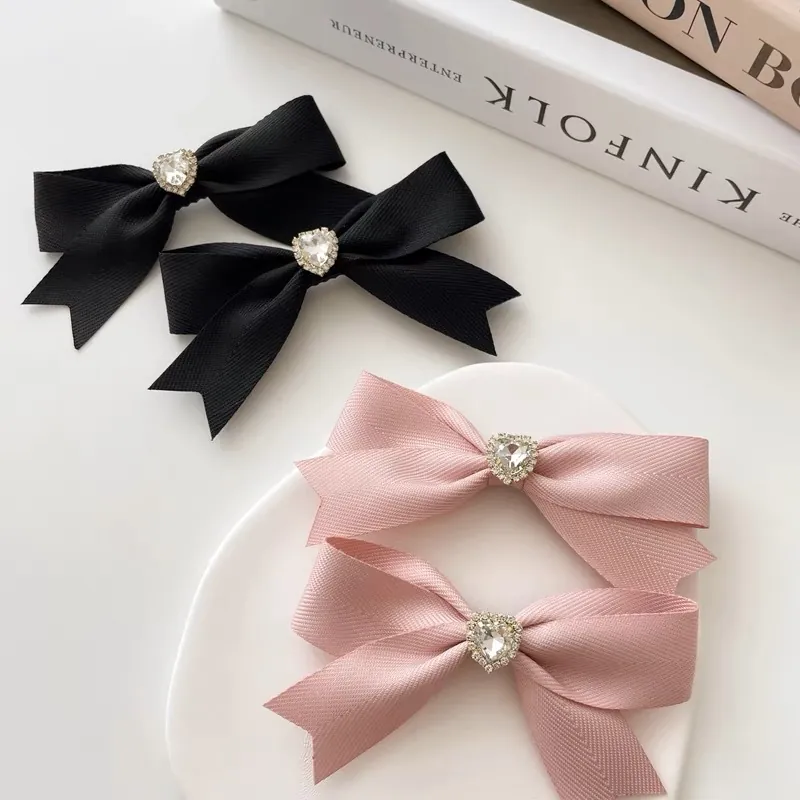Zoete Lint Strik Haarclips Hart Strass Zijclip Elegante Barrettes Voor Vrouwen Meisjes Mode Haaraccessoires
