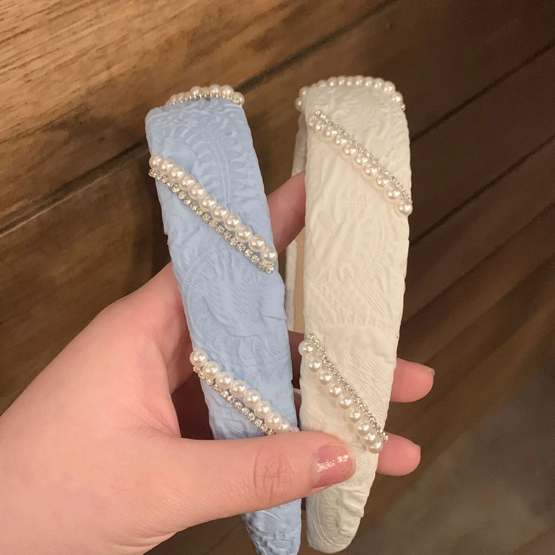 French Vintage Artificial Pearl Rhinestone Wide Headband For Women Elegant Fabric Jacquard Hair Hoop Sweet Fashion Hair Accessories