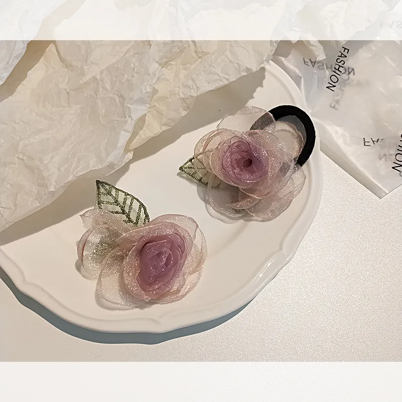 Fait à la Main Maille Camélia Fleur Pince à Cheveux Élastique pour Femmes Style Fée Rose Violette Accessoires de Cheveux