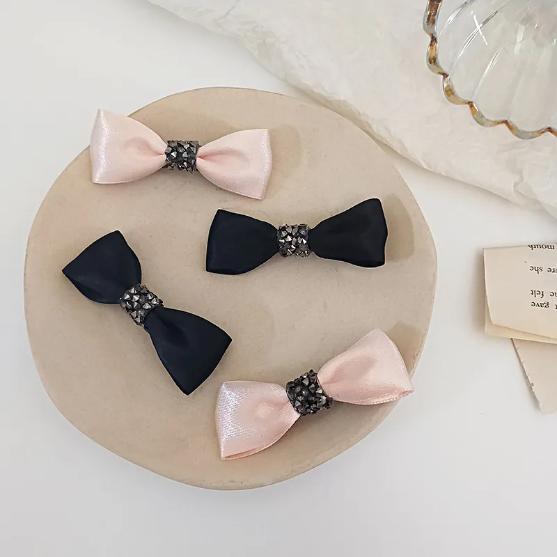 Vintage French Style Satin Bowknot Hair Clips For Women Elegant Rhinestone Hairpins Sweet Daily Dating Hair Accessories