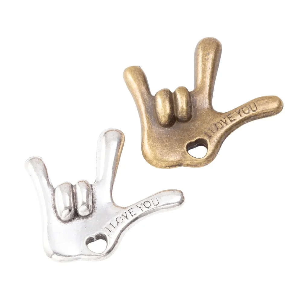 Vintage Alloy I Love You Hand Gesture Pendant Heart Hollow Engraved Charms For DIY Necklace Bracelet Jewelry Making Accessories