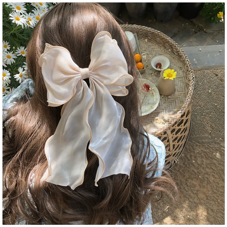 Pince À Cheveux Romantique Française Noeud En Organza Avec Ruban Long Élégant Bleu Ciel Abricot Épingle À Cheveux Femme Fête