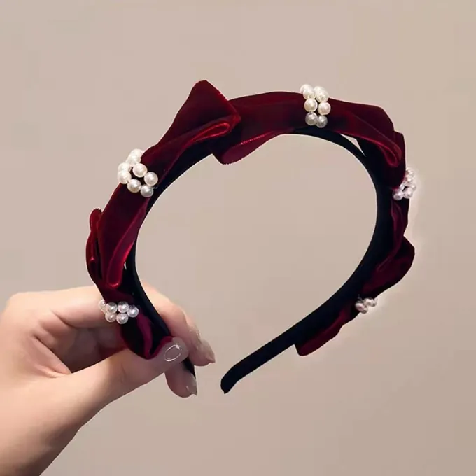 Cerchietto con Fiocco e Orecchie da Coniglio a Pois e Gingham in Tessuto Velluto con Perle Sintetiche per Donna Ragazza