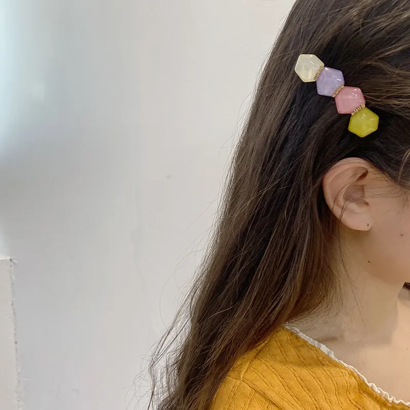 Korean Style Geometric Hexagon Bead Hair Clip For Women Candy Color Jelly Texture Crystal Side Clip Sweet Hair Accessories