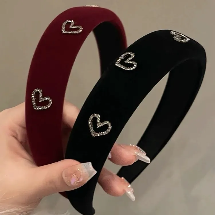 Vintage Velvet Wide Headband With Rhinestone Heart Hollow Decor Thickened Wine Red Black Hairband For Women Elegant Hair Accessories