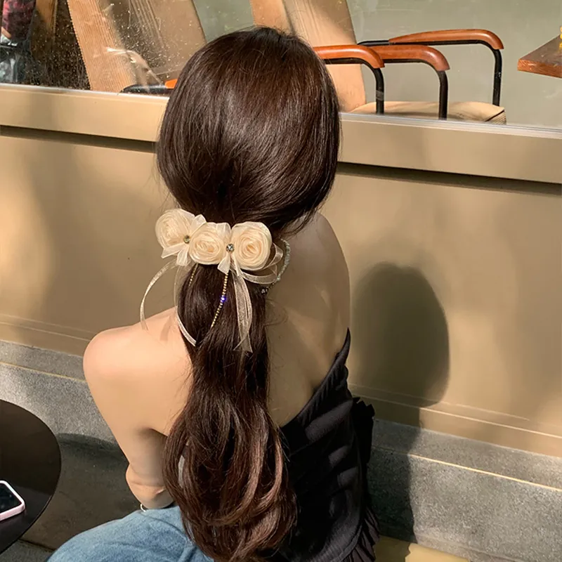 Romantic Pink Rose Mesh Flower Hair Clip With Chiffon Bow Ribbon Metal Tassel Chain Vintage Elegant Spring Hairpin For Women