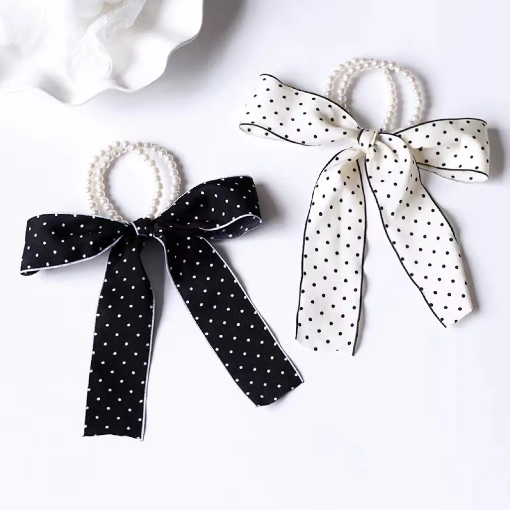 Elegant Polka Dot Bow Artificial Pearl Hair Tie For Women French Style Satin Large Bowknot Scrunchies Chic Artificial Pearl Elastic Hair Band