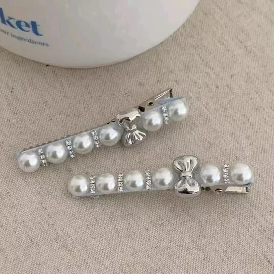 Women Elegant Silver Bow Hair Clip With White Faux Artificial Pearl Rhinestone Simple Fashion Side Bang Clip Hair Accessories Jewelry