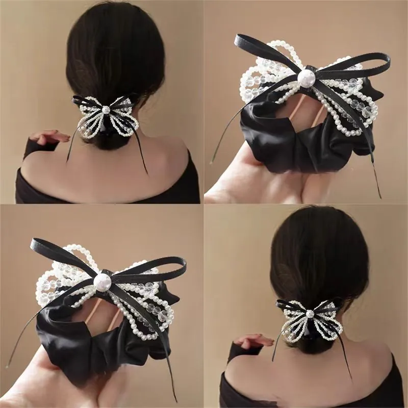Elegant Satin Bow Hair Clip With Faux Artificial Pearl Beads French Style Vintage Hair Accessories For Women Daily Party Wear