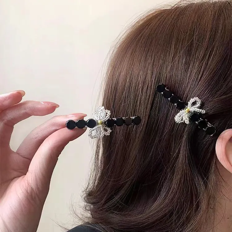 Koreanischer Stil Schwarz Strass Schleife Haarklammer Für Damen Elegant Perlen Seitenclip Pony Haarnadel Haarspange Schmuck
