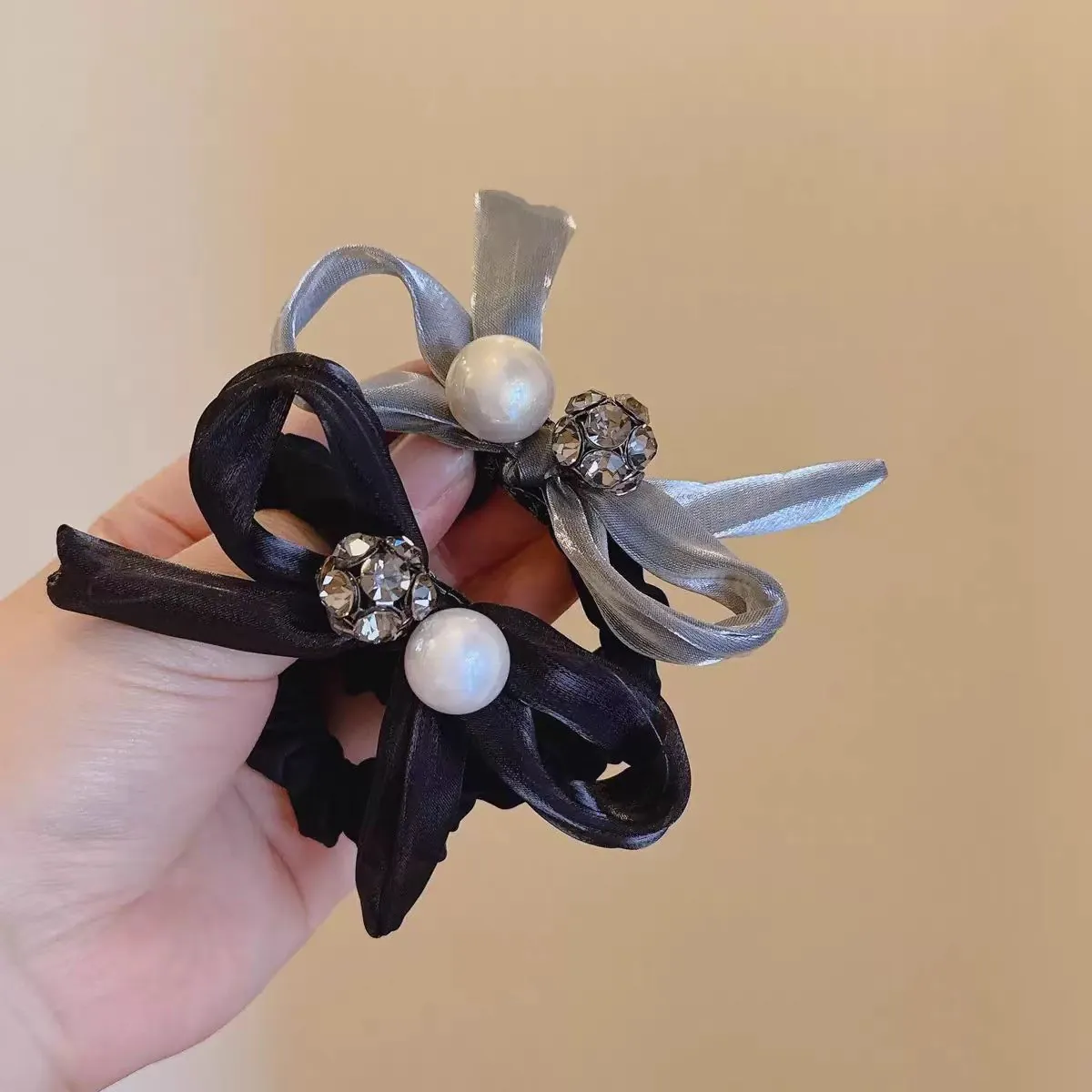Elegant Satin Bow Hair Tie Scrunchie With Faux Artificial Pearl And Rhinestone Ball Sparkling Hair Band For Women Daily Accessory