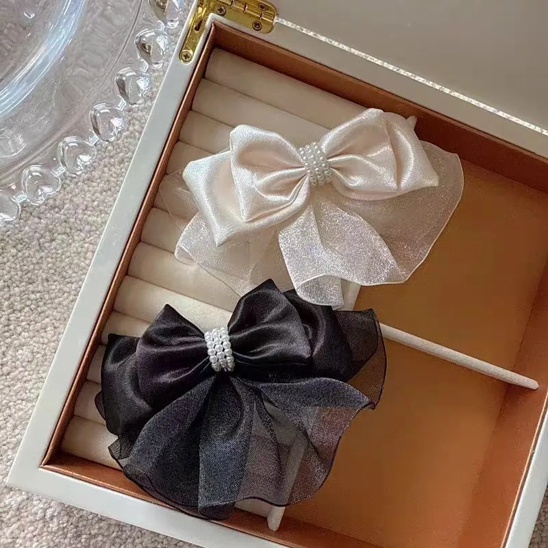 Elegant Double Layered Bow Hair Clip With Faux Artificial Pearls Satin Organza Spring Clip Sweet Hairpin For Women Daily Party Wear